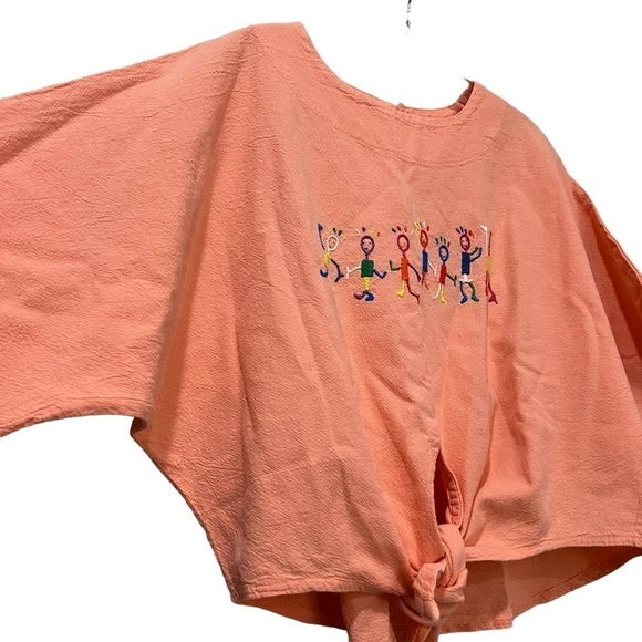 Renata B Small Vintage Coral Cropped Children Embroidered 100% Cotton Top G3 - Picture 2 of 5